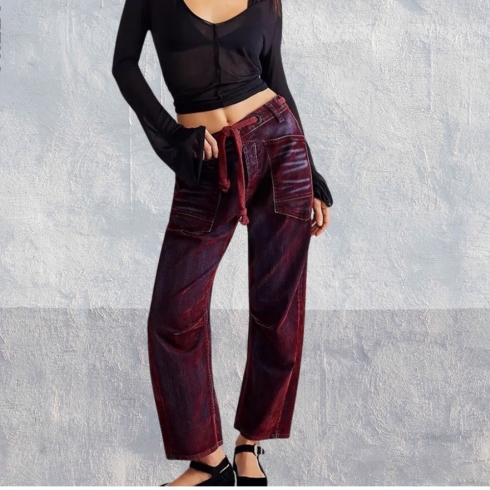 🌼 FREE PEOPLE WE THE FREE MOXIE FLOCKED PULL-ON BARREL JEANS size 30